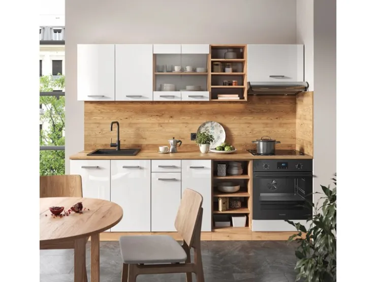 Clearance Vicco R-Line Küchenzeile Weiß Hochglanz/Goldkraft Eiche 240 cm ohne Arbeitsplatte ohne E-Geräte Hochglanz Weiß