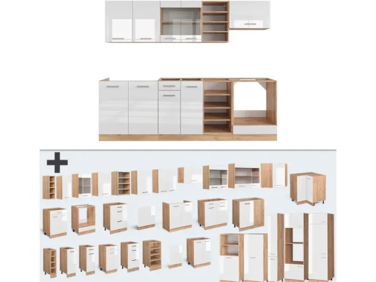 Clearance Vicco R-Line Küchenzeile Weiß Hochglanz/Goldkraft Eiche 240 cm ohne Arbeitsplatte ohne E-Geräte Hochglanz Weiß