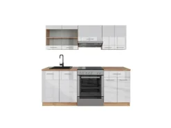 Outlet Vicco R-Line Küchenzeile Weiß Hochglanz/Goldkraft Eiche 200 cm ohne Arbeitsplatte ohne E-Geräte Herde