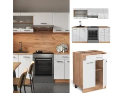 Outlet Vicco R-Line Küchenzeile Weiß Hochglanz/Goldkraft Eiche 200 cm ohne Arbeitsplatte ohne E-Geräte Herde