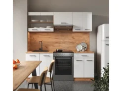 Outlet Vicco R-Line Küchenzeile Weiß Hochglanz/Goldkraft Eiche 200 cm ohne Arbeitsplatte ohne E-Geräte Herde