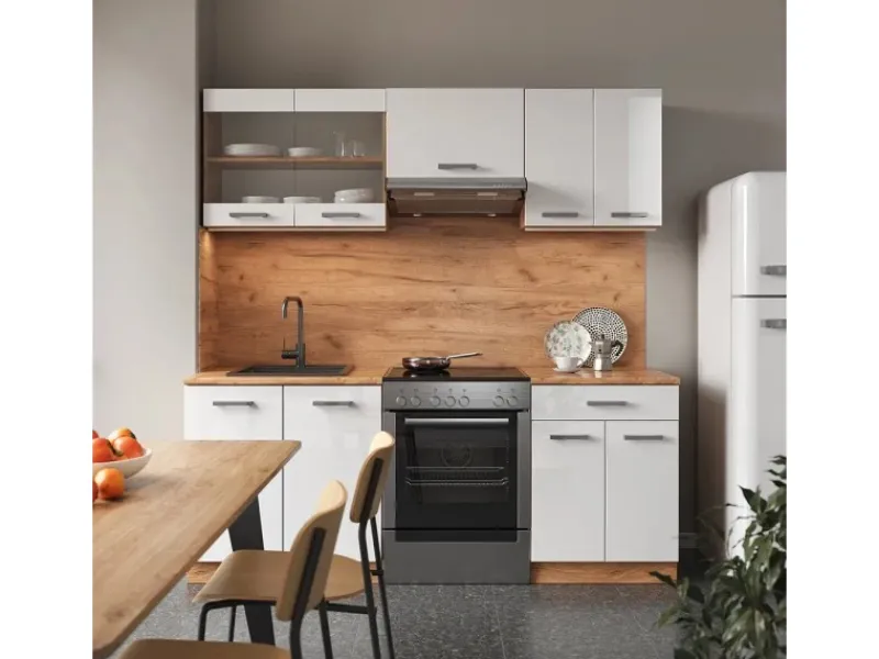 Outlet Vicco R-Line Küchenzeile Weiß Hochglanz/Goldkraft Eiche 200 cm ohne Arbeitsplatte ohne E-Geräte Herde