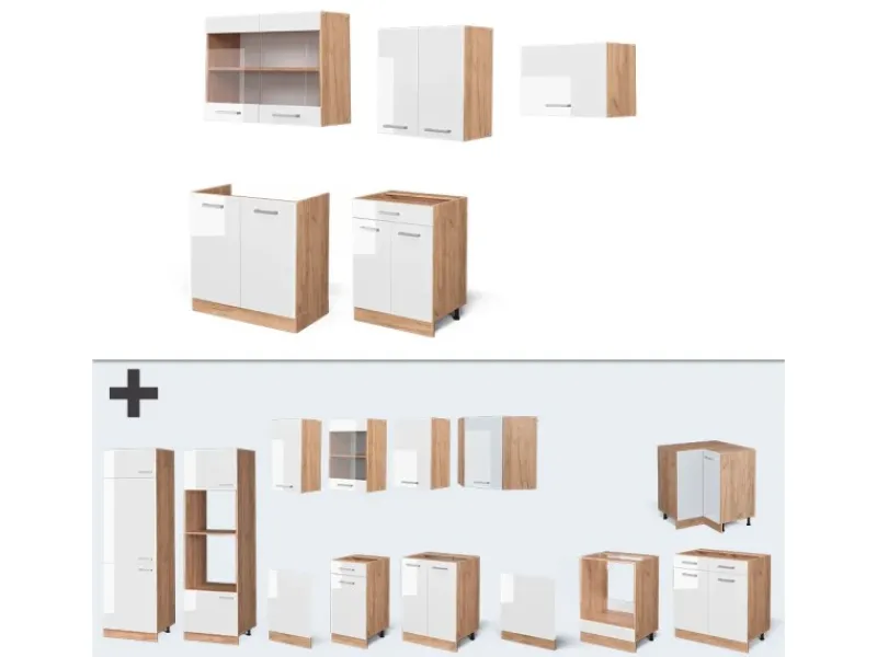 Outlet Vicco R-Line Küchenzeile Weiß Hochglanz/Goldkraft Eiche 200 cm ohne Arbeitsplatte ohne E-Geräte Herde