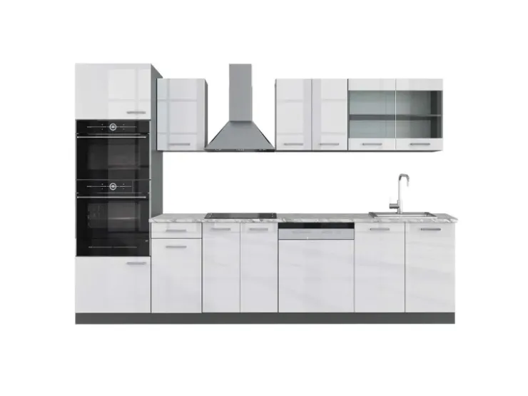 Outlet Vicco R-Line Küchenzeile /Anthrazit 300 cm mit HochschrankAP Marmor ohne E-Geräte Weiß Hochglanz