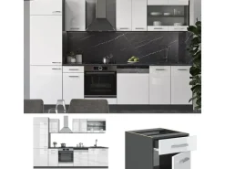 Küchenschränke<Vicco R-Line Küchenzeile /Anthrazit 300 cm AP Marmor ohne E-Geräte Weiß Hochglanz