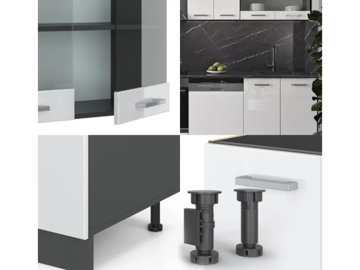 Küchenschränke<Vicco R-Line Küchenzeile /Anthrazit 300 cm AP Marmor ohne E-Geräte Weiß Hochglanz