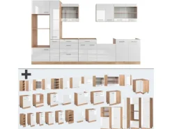 Sale Vicco R-Line Küchenzeile Weiß Hochglanz/Goldkraft Eiche 350 cm mit HochschrankAP Eiche ohne E-Geräte Pantryküchen