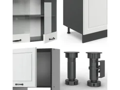Clearance Vicco R-Line Küchenzeile Weiß Landhaus/Anthrazit 300 cm mit HochschrankAP Marmor ohne E-Geräte Weiß Strukturiert