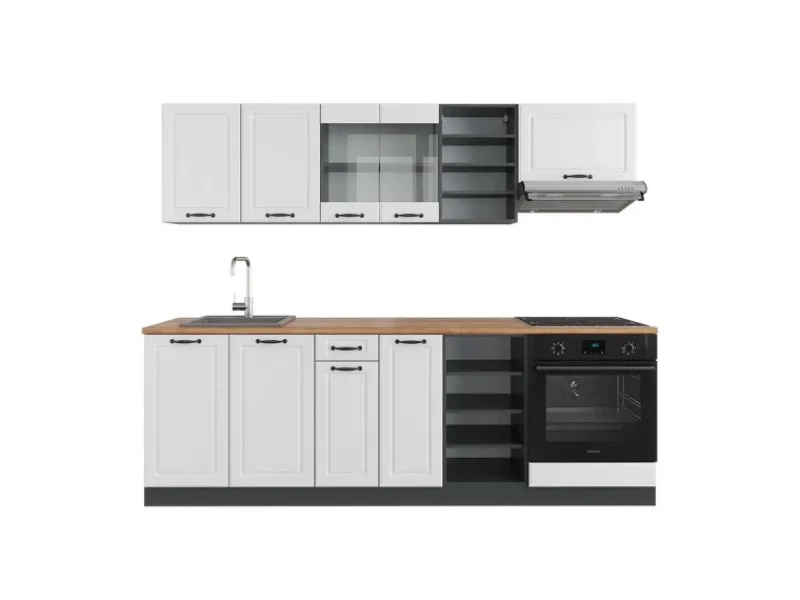 Discount Vicco R-Line Küchenzeile Weiß Landhaus/Anthrazit 240 cm AP Eiche ohne E-Geräte Einbauküchen