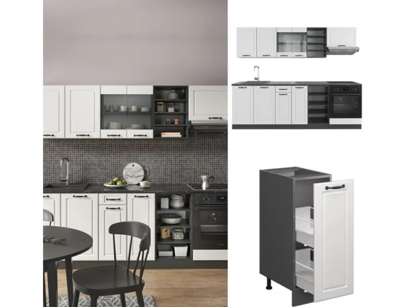 Discount Vicco R-Line Küchenzeile Weiß Landhaus/Anthrazit 240 cm AP Eiche ohne E-Geräte Einbauküchen