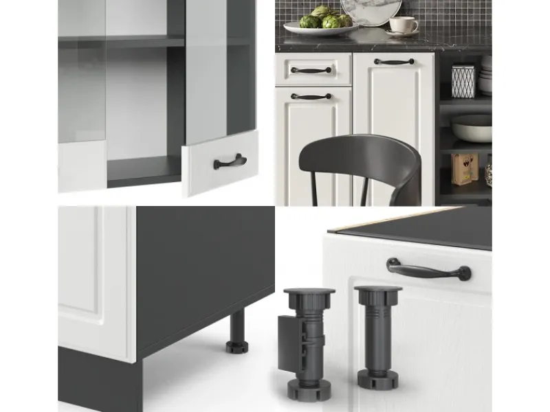 Discount Vicco R-Line Küchenzeile Weiß Landhaus/Anthrazit 240 cm AP Eiche ohne E-Geräte Einbauküchen