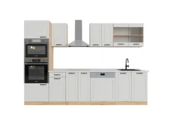 Best Vicco R-Line Küchenzeile Weiß Landhaus/Goldkraft Eiche 300 cm mit HochschrankAP Marmor ohne E-Geräte Weiß Struktur