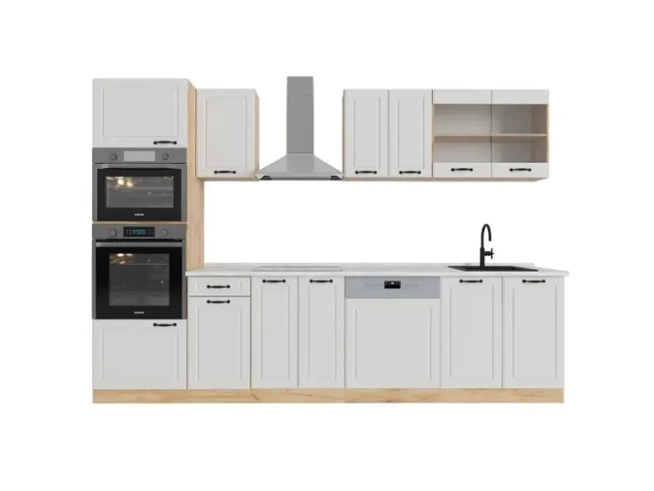 Best Vicco R-Line Küchenzeile Weiß Landhaus/Goldkraft Eiche 300 cm mit HochschrankAP Marmor ohne E-Geräte Weiß Struktur