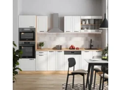 Best Vicco R-Line Küchenzeile Weiß Landhaus/Goldkraft Eiche 300 cm mit HochschrankAP Marmor ohne E-Geräte Weiß Struktur
