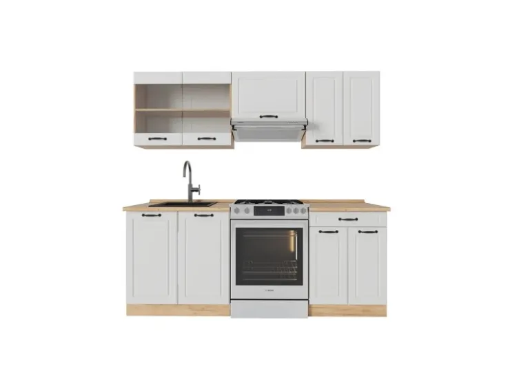 Einbauküchen<Vicco R-Line Küchenzeile Weiß Landhaus/Goldkraft Eiche 200 cm ohne Arbeitsplatte ohne E-Geräte Weiß Struktur