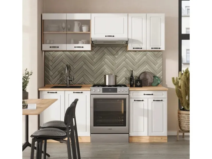 Einbauküchen<Vicco R-Line Küchenzeile Weiß Landhaus/Goldkraft Eiche 200 cm ohne Arbeitsplatte ohne E-Geräte Weiß Struktur