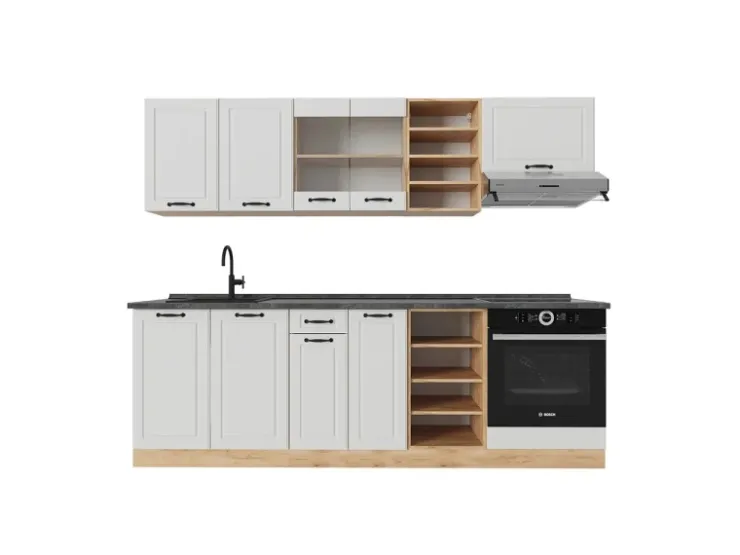 New Vicco R-Line Küchenzeile Weiß Landhaus/Goldkraft Eiche 240 cm AP Anthrazit ohne E-Geräte Weiß Struktur