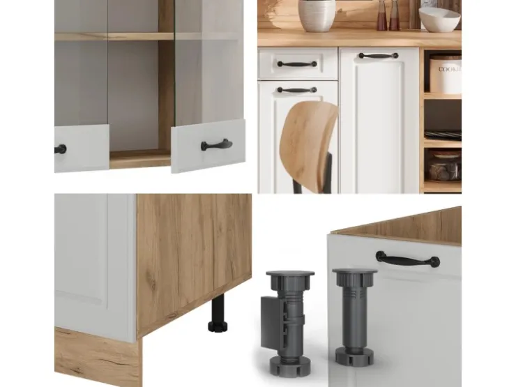 New Vicco R-Line Küchenzeile Weiß Landhaus/Goldkraft Eiche 240 cm AP Anthrazit ohne E-Geräte Weiß Struktur