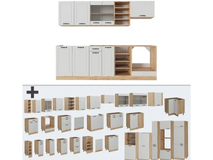 New Vicco R-Line Küchenzeile Weiß Landhaus/Goldkraft Eiche 240 cm AP Anthrazit ohne E-Geräte Weiß Struktur