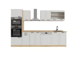 Einbauküchen<Vicco R-Line Küchenzeile Weiß Landhaus/Goldkraft Eiche 300 cm mit HochschrankAP Eiche ohne E-Geräte Weiß Struktur