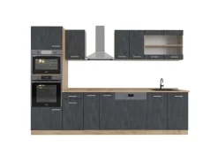 Einbauküchen<Vicco R-Line Komplettküche Schwarz Beton/Goldkraft Eiche 300 cm AP Eiche ohne E-Geräte Beton Dunkelgrau