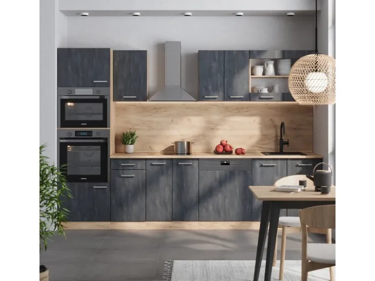 Einbauküchen<Vicco R-Line Komplettküche Schwarz Beton/Goldkraft Eiche 300 cm AP Eiche ohne E-Geräte Beton Dunkelgrau