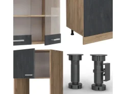 Einbauküchen<Vicco R-Line Komplettküche Schwarz Beton/Goldkraft Eiche 300 cm AP Eiche ohne E-Geräte Beton Dunkelgrau