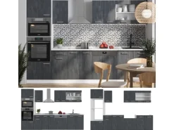 Einbauküchen<Vicco R-Line KomplettKüche Schwarz Beton/Weiß 300 cm AP Anthrazit Opt 2 ohne E-Geräte Beton Dunkelgrau