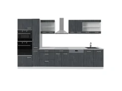 Einbauküchen<Vicco R-Line Komplettküche Schwarz Beton/Weiß 350 cm AP Marmor ohne E-Geräte Beton Dunkelgrau