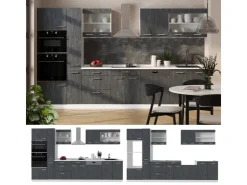 Einbauküchen<Vicco R-Line Komplettküche Schwarz Beton/Weiß 350 cm AP Marmor ohne E-Geräte Beton Dunkelgrau