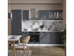 Best Vicco R-Line KomplettKüche Schwarz Beton/Weiß 300 cm AP Eiche ohne E-Geräte Beton Dunkelgrau