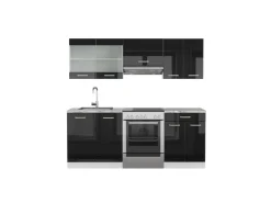 Einbauküchen<Vicco R-Line Komplettküche /Weiß 200 cm Ohne Arbeitsplatte ohne E-Geräte Schwarz Hochglanz