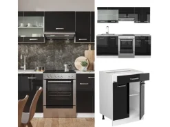 Einbauküchen<Vicco R-Line Komplettküche /Weiß 200 cm Ohne Arbeitsplatte ohne E-Geräte Schwarz Hochglanz