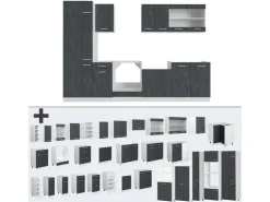 Einbauküchen<Vicco R-Line KomplettKüche Schwarz Beton/Weiß 300 cm AP Anthrazit ohne E-Geräte Beton Dunkelgrau