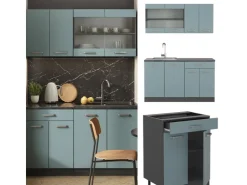 Single-Küchen|Miniküchen<Vicco R-Line Mini-Küche Blau-Grau/Anthrazit 140 cm ohne Arbeitsplatte ohne E-Geräte Blaugrau