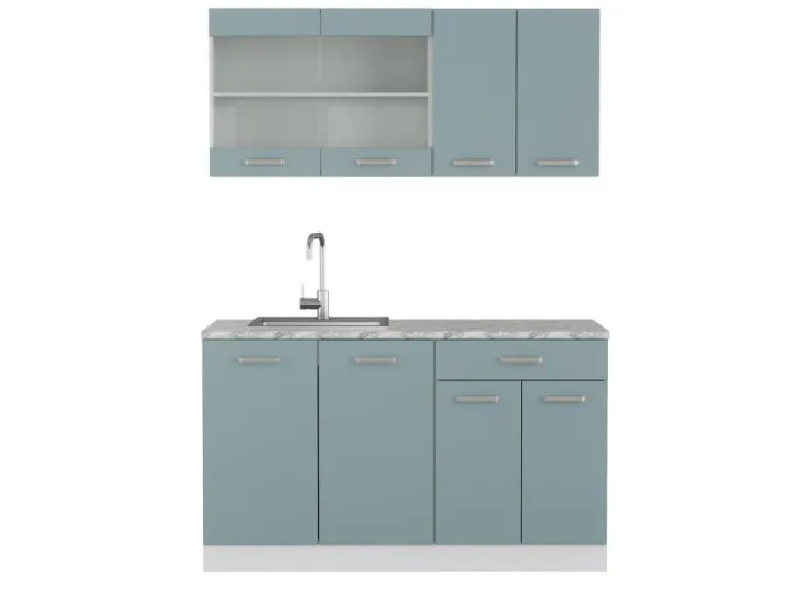Online Vicco R-Line Mini-Küche Blau-Grau 140 cm AP Marmor ohne E-Geräte Blaugrau