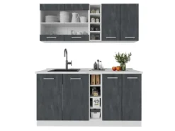 Discount Vicco R-Line Mini-Küche Schwarz Beton/Weiß 160 cm ohne Arbeitsplatte ohne E-Geräte Miniküchen