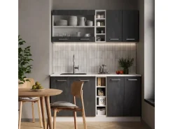 Discount Vicco R-Line Mini-Küche Schwarz Beton/Weiß 160 cm ohne Arbeitsplatte ohne E-Geräte Miniküchen