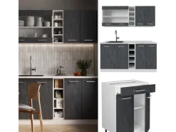 Discount Vicco R-Line Mini-Küche Schwarz Beton/Weiß 160 cm AP Eiche ohne E-Geräte Beton Dunkelgrau