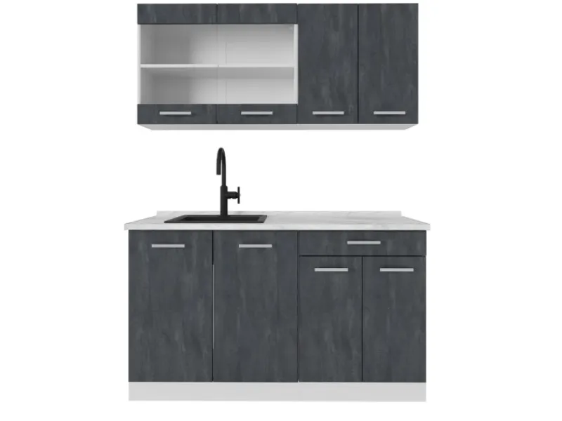 Best Vicco R-Line Mini Küche Schwarz Beton/Weiß 140 cm AP Marmor ohne E-Geräte Single-Küchen