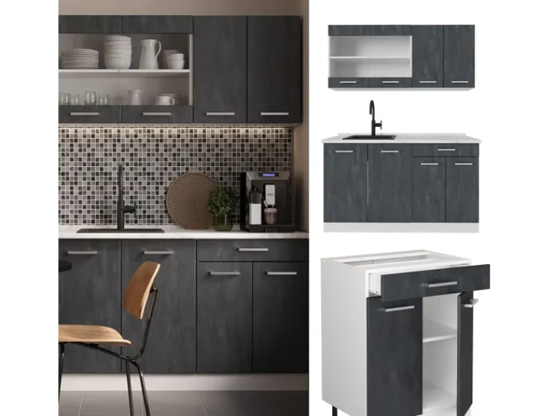 Best Vicco R-Line Mini Küche Schwarz Beton/Weiß 140 cm AP Marmor ohne E-Geräte Single-Küchen
