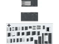 Best Vicco R-Line Mini Küche Schwarz Beton/Weiß 140 cm AP Marmor ohne E-Geräte Single-Küchen