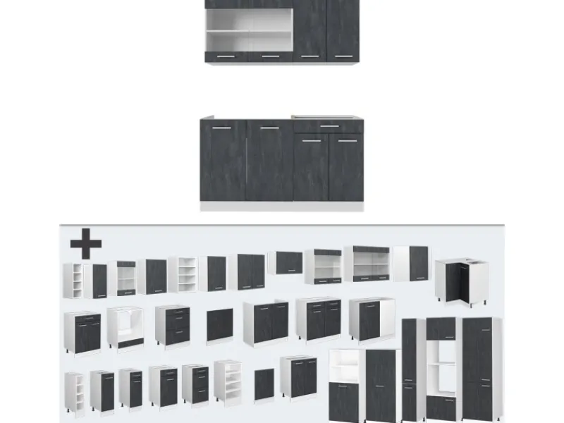 Best Vicco R-Line Mini Küche Schwarz Beton/Weiß 140 cm AP Marmor ohne E-Geräte Single-Küchen