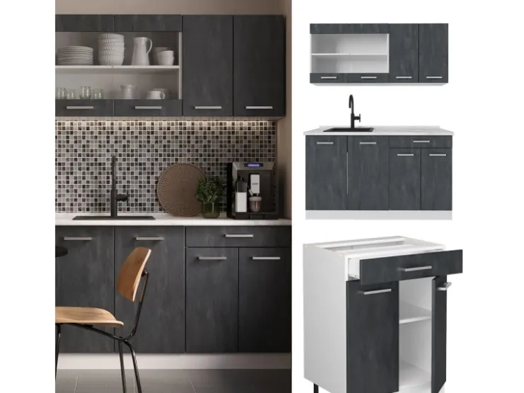Single-Küchen|Miniküchen<Vicco R-Line Mini Küche Schwarz Beton/Weiß 140 cm AP Eiche ohne E-Geräte Beton Dunkelgrau