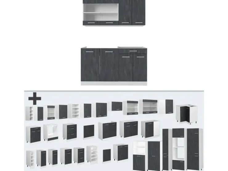 Single-Küchen|Miniküchen<Vicco R-Line Mini Küche Schwarz Beton/Weiß 140 cm AP Eiche ohne E-Geräte Beton Dunkelgrau
