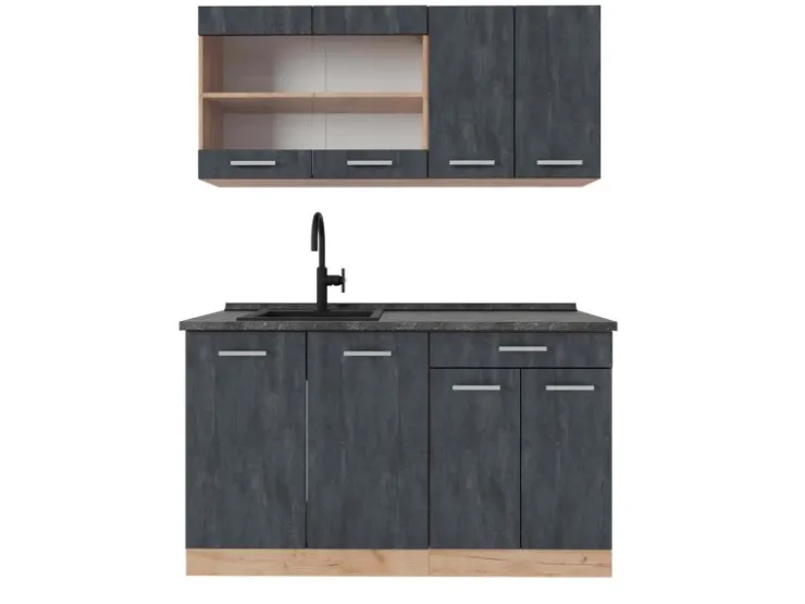 Single-Küchen|Miniküchen<Vicco R-Line Mini-Küche Schwarz Beton/Goldkraft Eiche 140 cm AP Anthrazit ohne E-Geräte Beton Dunkelgrau
