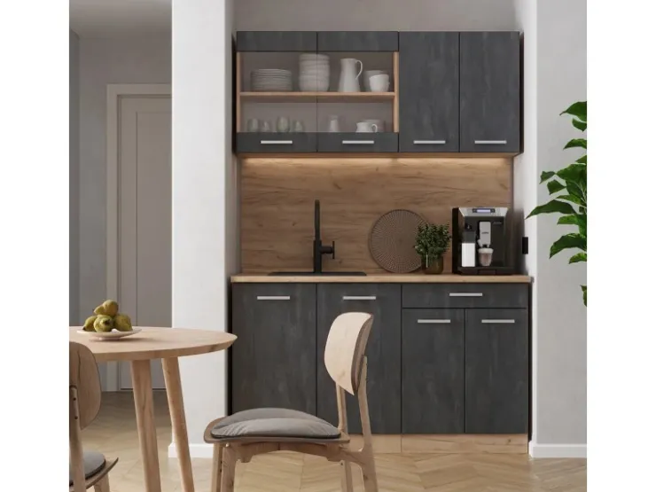 Single-Küchen|Miniküchen<Vicco R-Line Mini-Küche Schwarz Beton/Goldkraft Eiche 140 cm AP Anthrazit ohne E-Geräte Beton Dunkelgrau