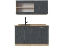 Single-Küchen|Miniküchen<Vicco R-Line Mini-Küche Schwarz Beton/Goldkraft Eiche 140 cm AP Eiche ohne E-Geräte Beton Dunkelgrau