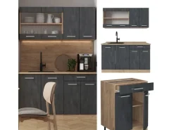 Sale Vicco R-Line Mini-Küche Schwarz Beton/Goldkraft Eiche 140 cm AP Marmor ohne E-Geräte Beton Dunkelgrau