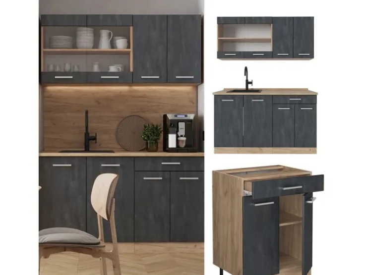 Sale Vicco R-Line Mini-Küche Schwarz Beton/Goldkraft Eiche 140 cm AP Marmor ohne E-Geräte Beton Dunkelgrau